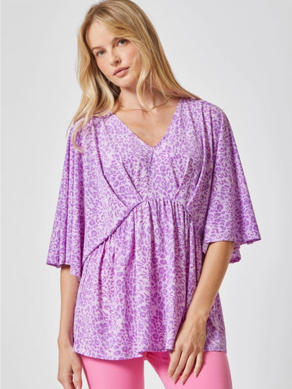 Lavender Leopard Print V-Neck Tunic Top - Women's